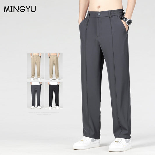 Brand Clothing New Design Stretch Pants Men Thin Business Elastic Waist Grey Loose Straight Suit Trousers Male Large Size M-4XL