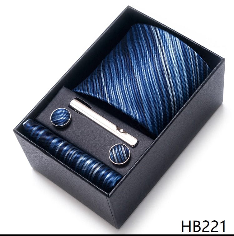 Silk Brand Tie Handkerchief Cufflink Set Necktie Holiday Gift Box Man's Blue Gold Suit Accessories Slim Cravat Wedding Gravatas