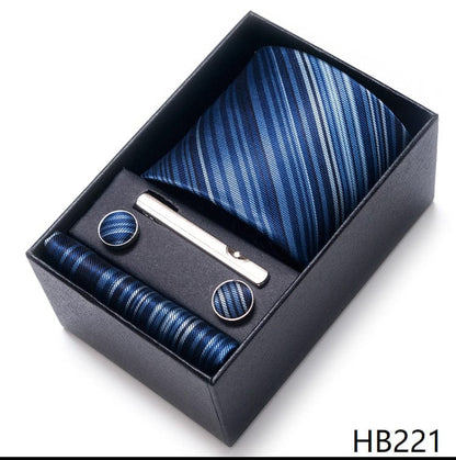 Silk Brand Tie Handkerchief Cufflink Set Necktie Holiday Gift Box Man's Blue Gold Suit Accessories Slim Cravat Wedding Gravatas