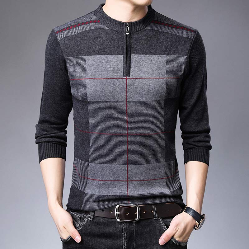 Zipper Thick Warm Winter Striped Knitted Pull Sweater Men Wear Jersey Mens Pullover Knit Mens Sweaters Male Fashions 93003