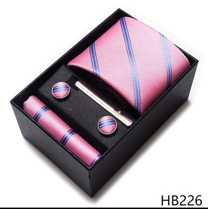 Silk Brand Tie Handkerchief Cufflink Set Necktie Holiday Gift Box Man's Blue Gold Suit Accessories Slim Cravat Wedding Gravatas