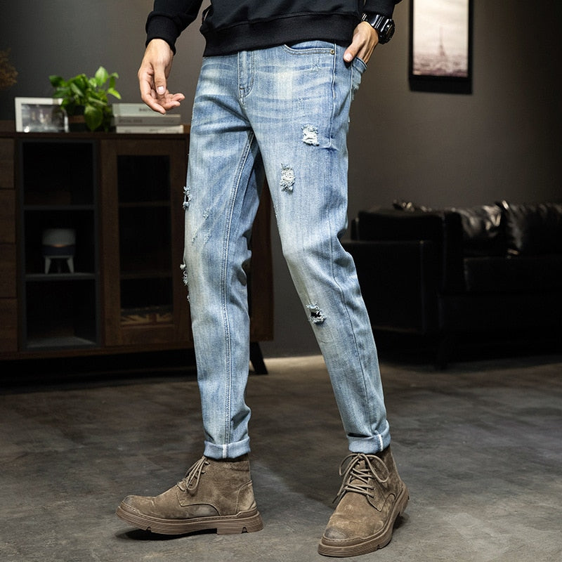 Korean Fashion Streetwear Cotton Men&#39;s Jeans Man Hole Denim Pants Classic Clothes Overalls Straight Trousers for Men Large Size