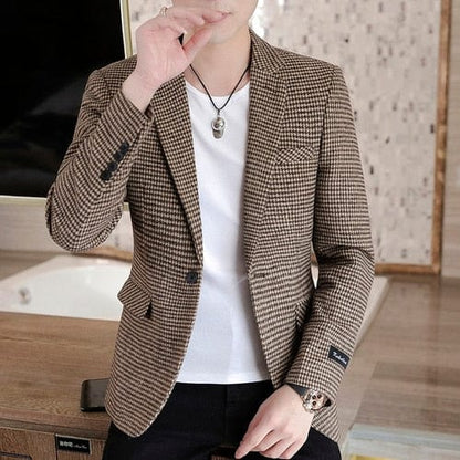 Brand Men Blazer Personality Wild Men's Suit Jacket High Quality Fashion Plaid Print Slim Fit Warm Blazer Coat Male S-3XL