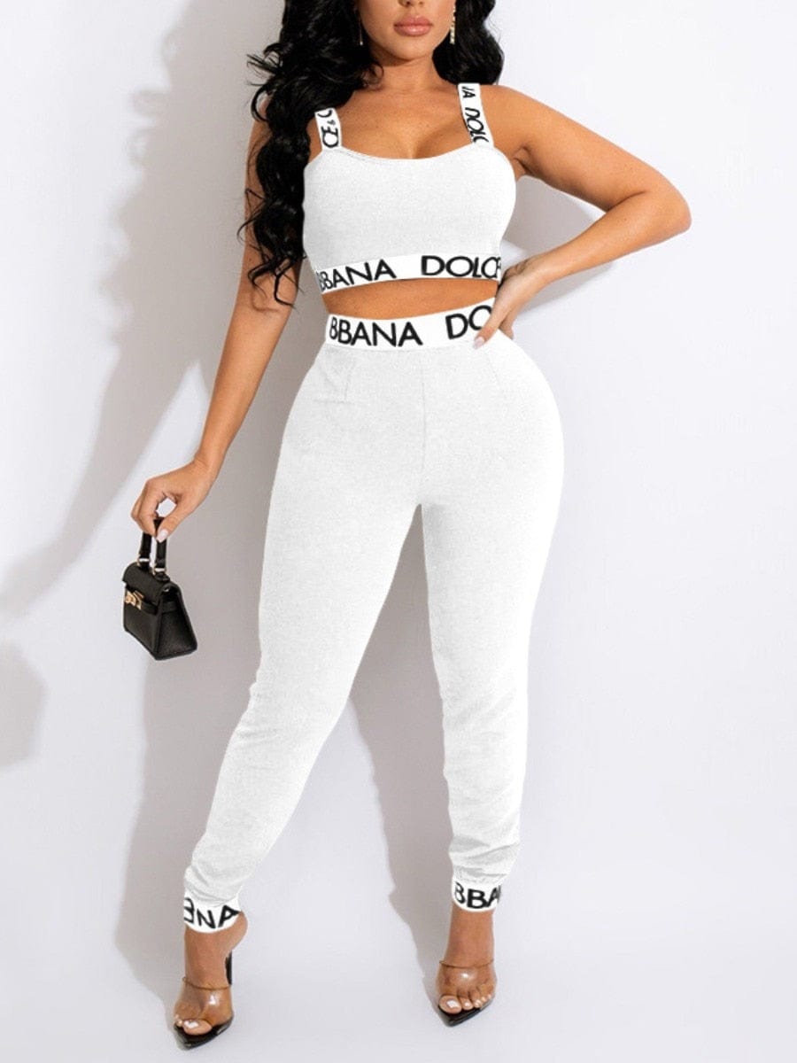 LW Set Două Piese Femei Crop Topuri și Pantaloni Cami Letter Print Vară Elegant Clasic Casual Fără mâneci Tinute Mediu Stretch