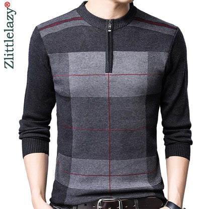 Zipper Thick Warm Winter Striped Knitted Pull Sweater Men Wear Jersey Mens Pullover Knit Mens Sweaters Male Fashions 93003