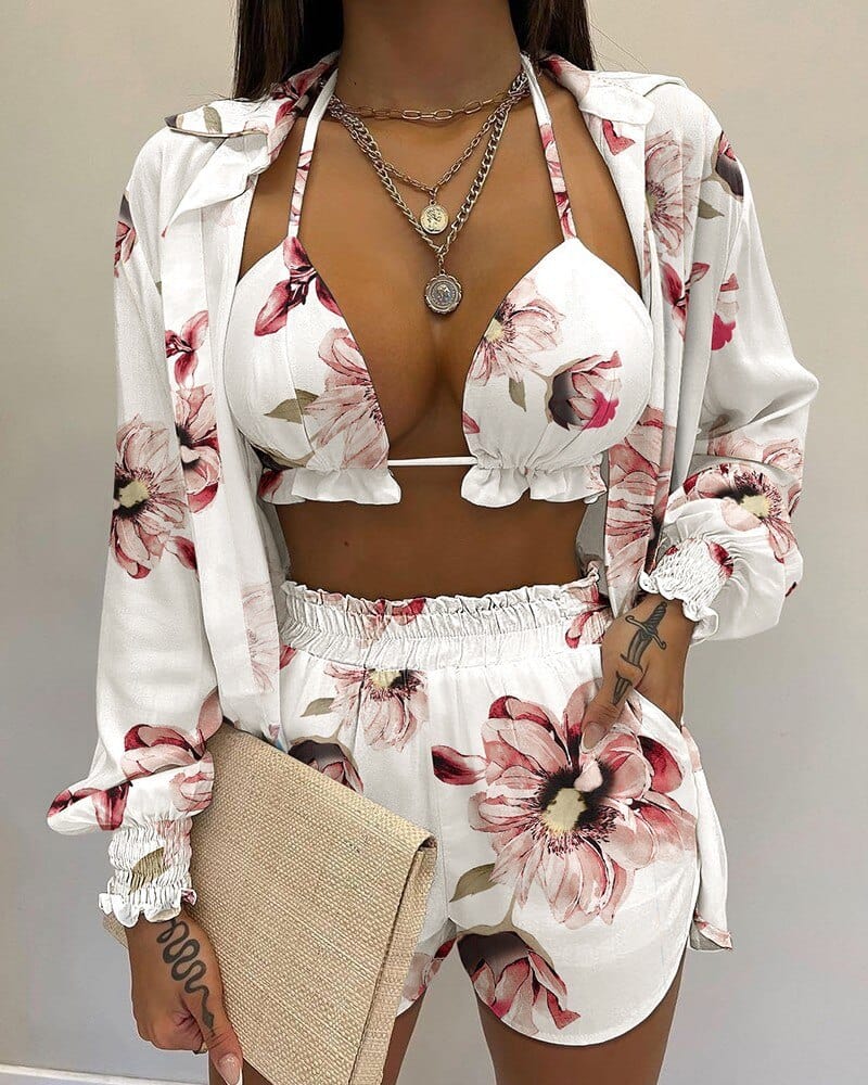 Summer 3 Piece Set Outfits Women Fashion Sexy Beach Style Printed Suspender Shirt Shorts Pant Suit Three Piece  Set Women