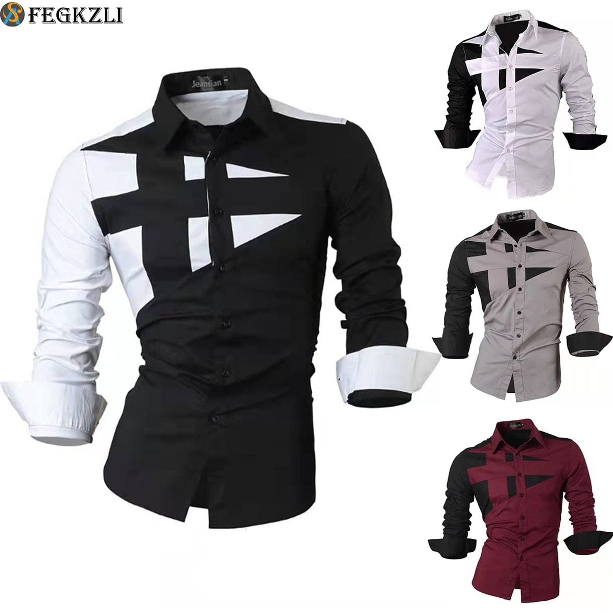 FEGKZLI New Men&#39;s Spring Summer Patchwork Shirts Casual Long Sleeve Slim Fit Shirts Button Up Shirt Men