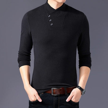 BROWON Spring Fashion Slim Fit T Shirt Men Cotton Tshirt Men Long Sleeve Irregular Collar Solid Color Men Clothes
