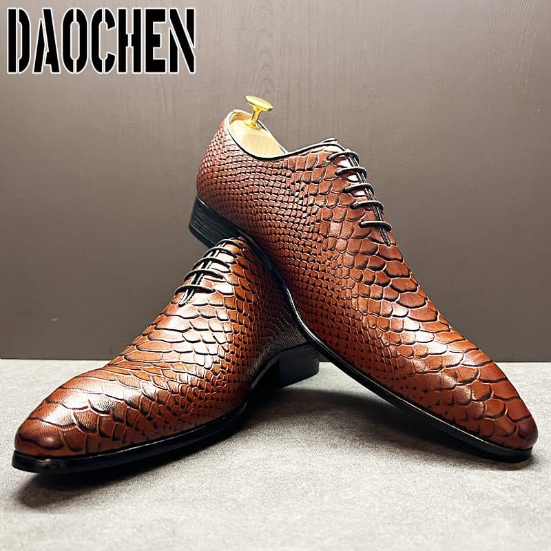 Luxury Men Oxford Shoes Black Brown Snake Skin Prints Classic Style Men Dress Leather Shoes Lace Up Pointed Toe Formal Shoes Men