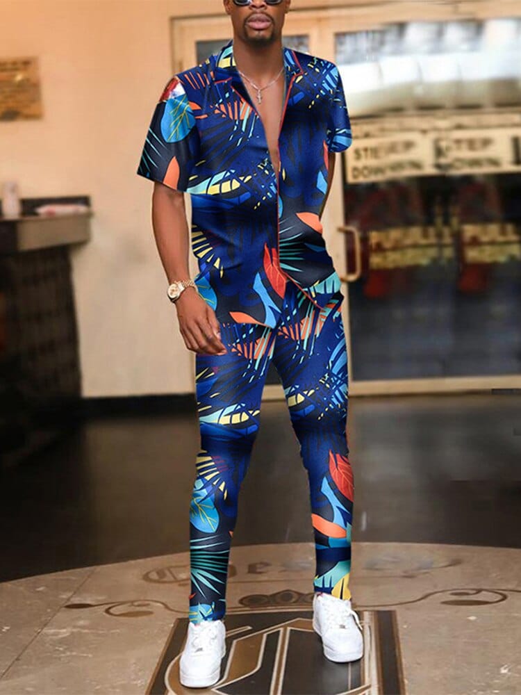 Summer Men&#39;s Casual Two-piece Sets Short Sleeve Tops And Long Pants Suits Spring 2022 Fashion Pattern Print Outfit Men Tracksuit