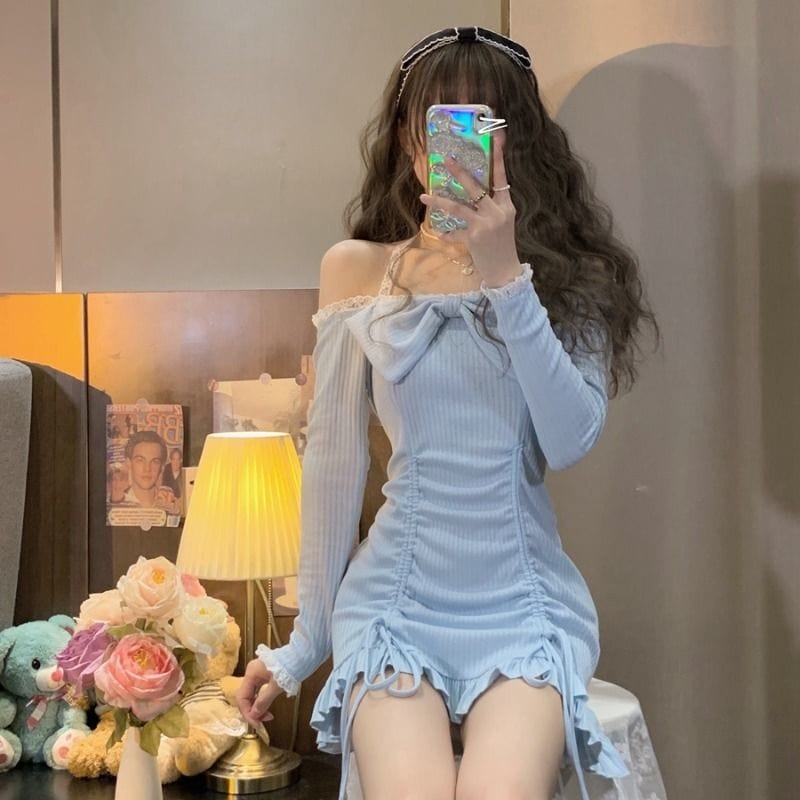 QWEEK Bodycon Wrap Sexy Dress Women Korean Style Design Kawaii Ruffles Lolita Short Dresses Lace Robe Female 2022 Autumn