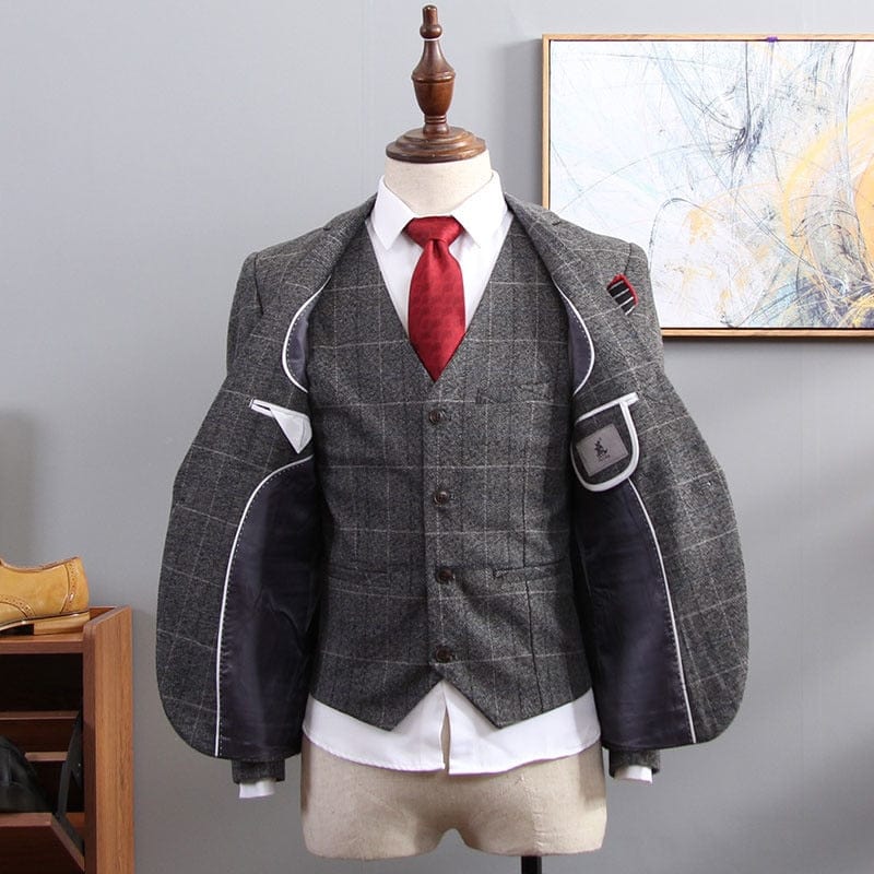 British Style Suit Men 3 Piece Suit Plaid Blazer Trend Groom Wedding Suits Tuxedo Business Formal Dress Suit Men&#39;s Smoking Uomo