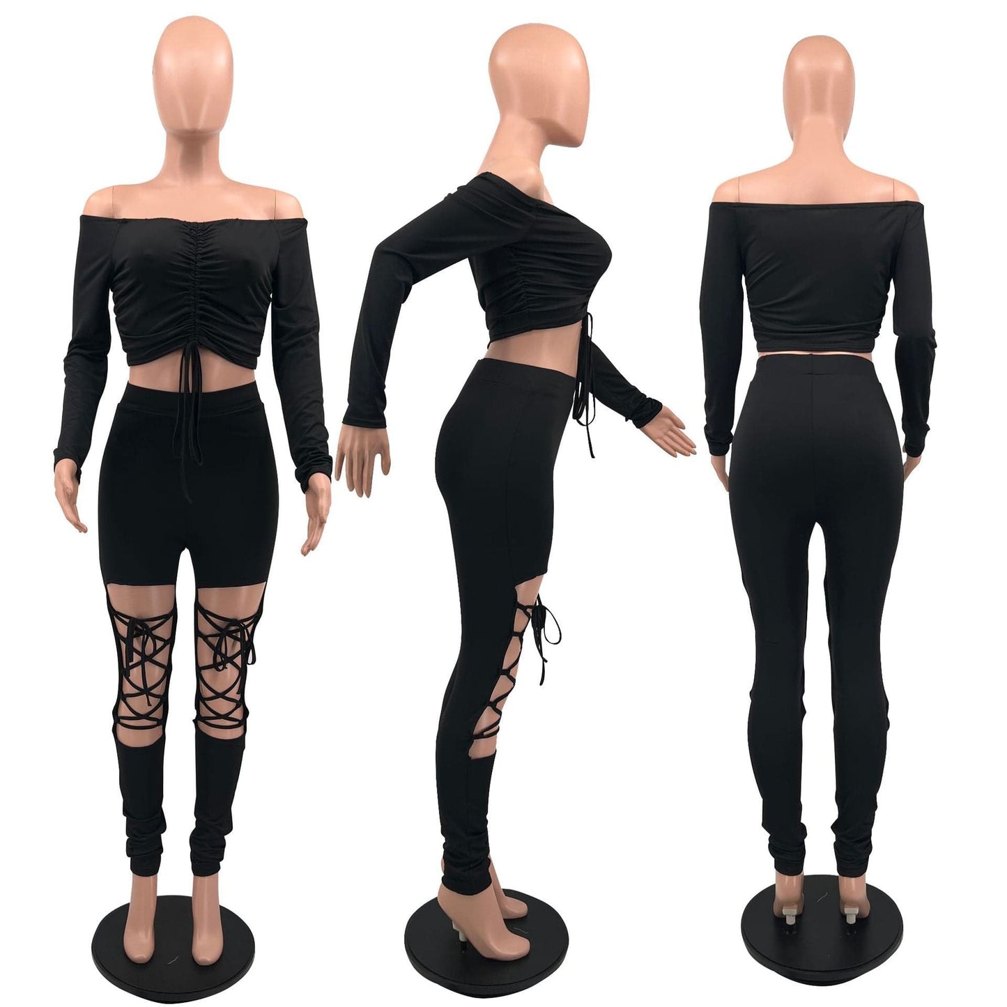 Off the Shoulder 2 Piece Set Women Sexy Long Sleeve Lace Up Ruched Crop Top Cut Out Lace Up Pants Skinny Club Party Outfits Sets