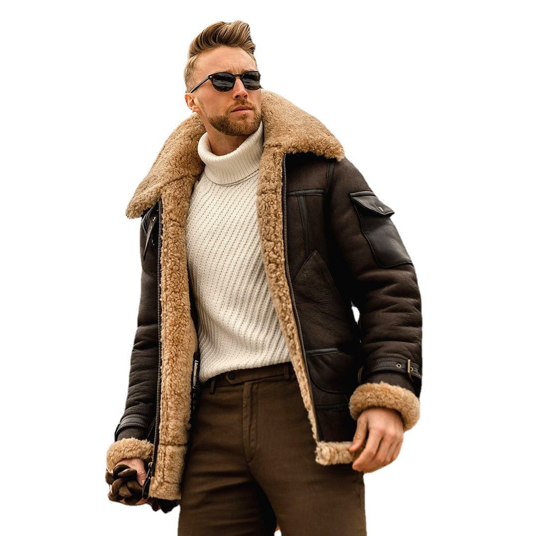 Fashion Jacket Men Vintage Thicken Coat Mens Zipper Artificial Fur Collar Jacket Long Sleeve Padded Leather Jacket Plus Size 5XL