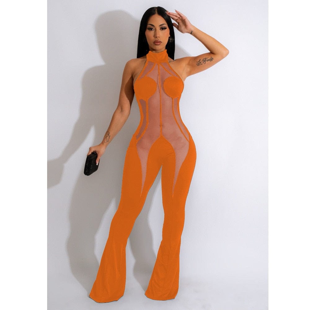 Sexy Halter Backless Long Jumpsuit Women Patchwork Mesh Bodycon Rompers Summer Wide Leg Pants See Through One Piece Club Outfit