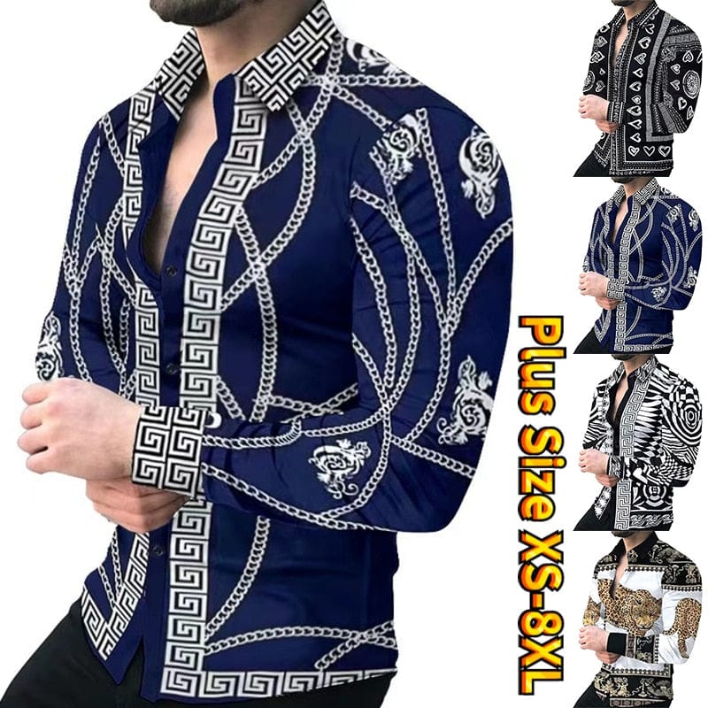 New Retro Men's Shirts Casual Shirts Light Luxury Pattern Printing Long Sleeved Tops Men's Clothing Cardigan Shirt XS-8XL