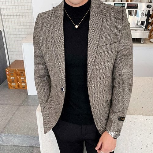 2022 New Men Casual Blazer British Style Business Slim Fit Plaid Suit Coat Long Sleeve Male Formal Single Buckle Suit Jacket