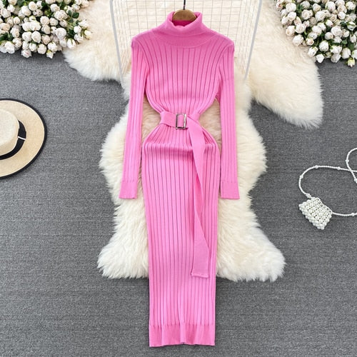 Chic Elegant Turtleneck Long Sleeve Bodycon Dress with Belt Sexy Fashion Knit Vestido Slim Autumn Winter Pencil Sweater Robe