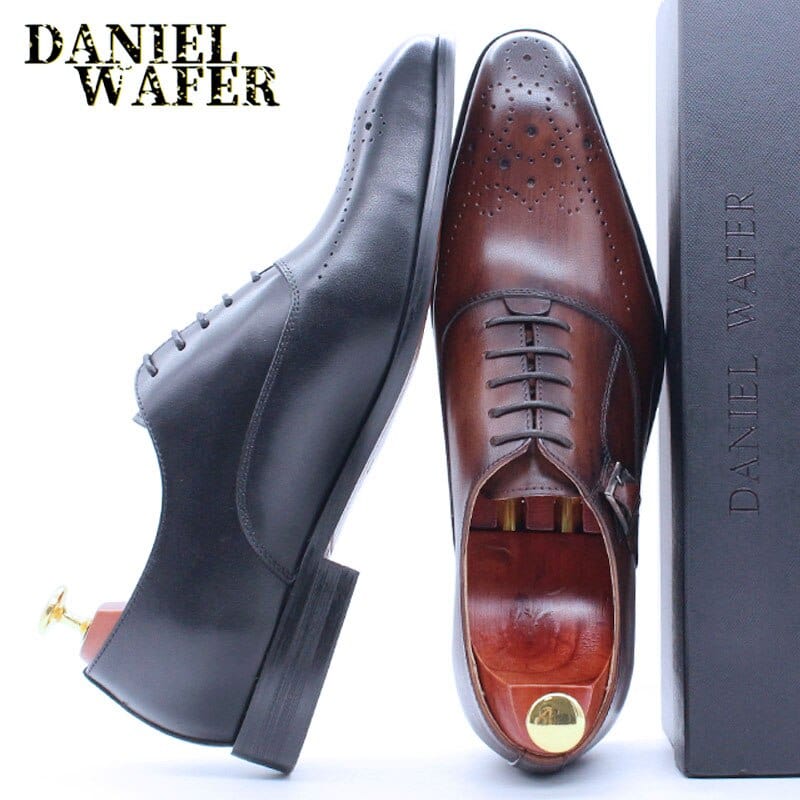 ELEGANT MEN GENUINE LEATHER OXFORD SHOES MEN BUCKLE STRAP OFFICE DRESS WEDDING SHOES BROWN BROGUE POINTED TOE MEN FORMAL SHOE