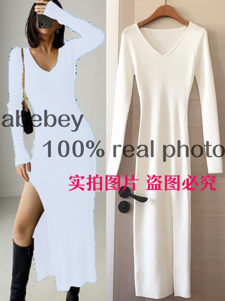 spring and winter sexy French slit sweater dress female slim tight-fitting hip-knit over-the-knee dresses