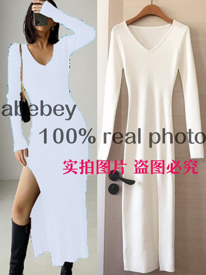 spring and winter sexy French slit sweater dress female slim tight-fitting hip-knit over-the-knee dresses