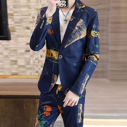 Fashion Trend Printing Suit Jacket Pants Two-piece Men's  Spring and Autumn New Korean Version Slim One-button Suit Suit