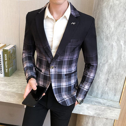 Spring New Men's Plaid Blazer Fashion Casual Men's Slim Suit Jacket Banquet Wedding Party Club Dress Branded Mens Clothing
