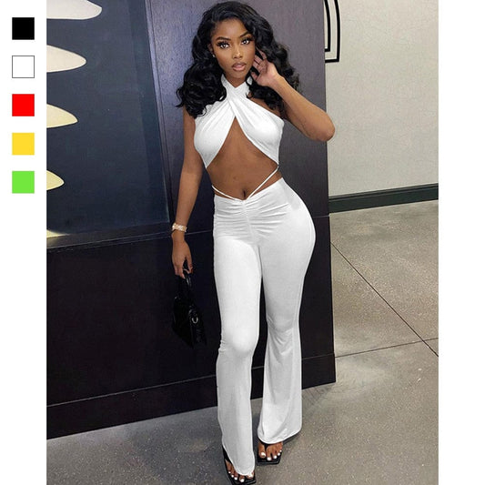 New Fashion Sexy Cross Lace-up Top and Trousers Two-piece Women&#39;s Waist Exposed Nightclub Party Clothes Slim Wide Leg Pants