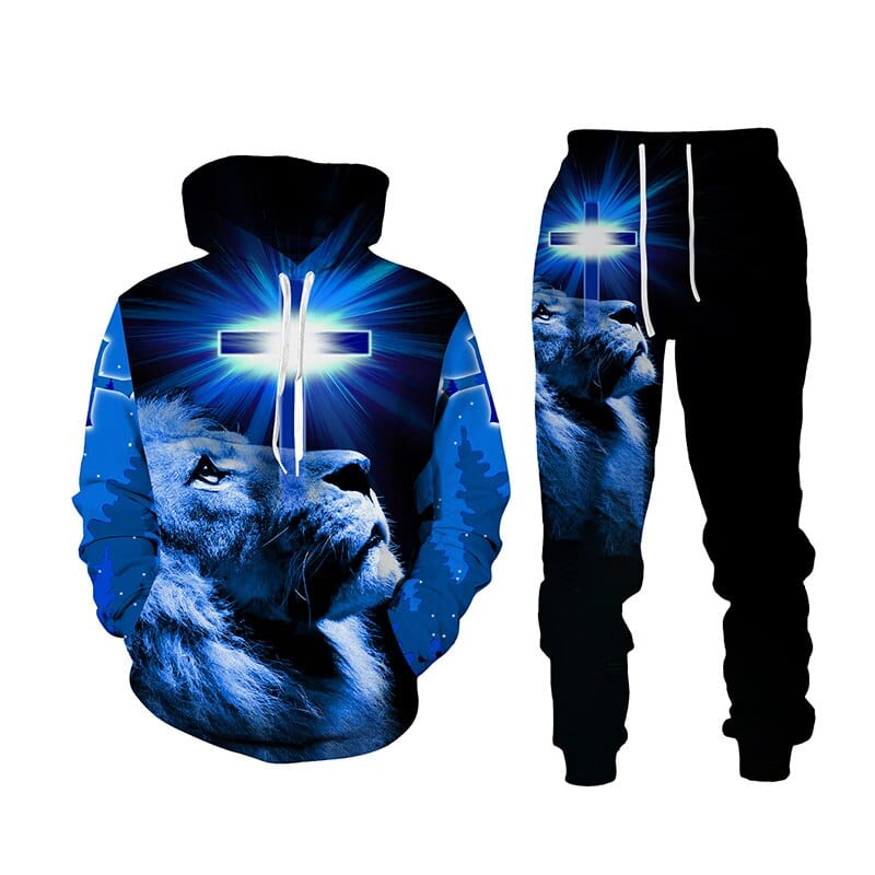 Jesus 3D Lion Print Hoodie + Pantaloni Set Două Piese Trening Bărbați Femei Hanorac cu Glugă Toamnă și Iarnă Costum de îmbrăcăminte pentru bărbați