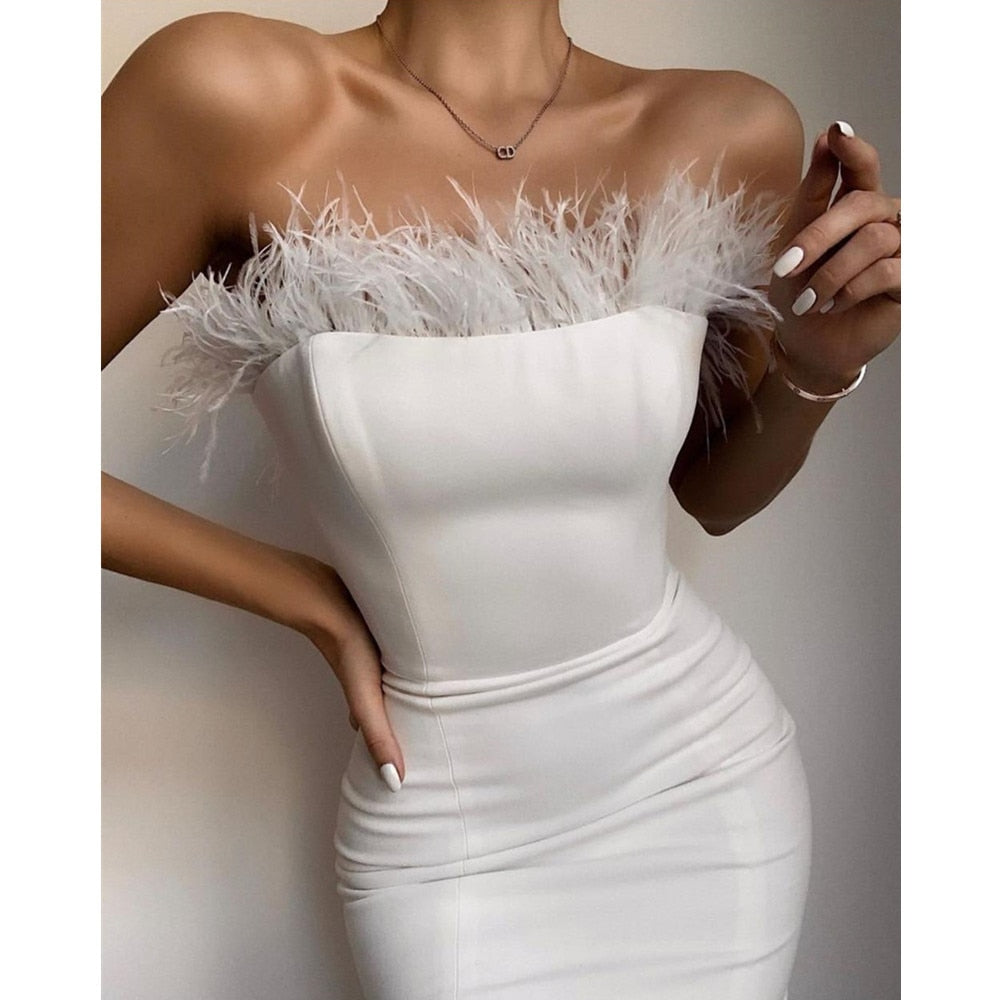 New Summer Sexy Strapless Backless Feather Black Midi Women Bodycon Bandage Dress 2022 Designer Fashion Party Club Dress Vestido