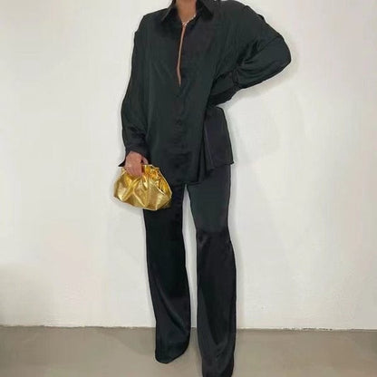 Elegant Satin Women Sets Casual Long Sleeve Shirt Straight Pants Suit  Pieces Outfits