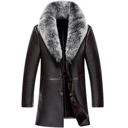 PFHQ  Winter New Shearling Leather Elegant Long Coat Men's Fox Hair Collar Imitation Fur Design Luxury Trendy Thermal Jacket