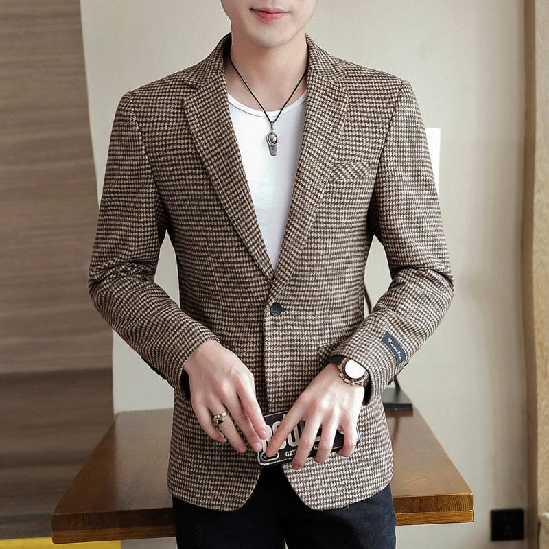 2022 Brand Men Blazer Personality Wild Men&#39;s Suit Jacket High Quality Fashion Plaid Print Slim Fit Warm Blazer Coat Male S-3XL