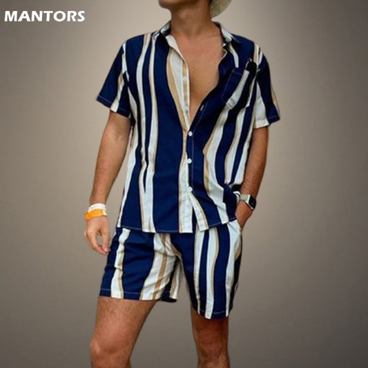 2023 Summer Men Hawaiian Sets Streetwear Short Sleeve Lapel Shirt + Shorts Male Wave Striped Beach Two Piece Set Mens Clothes