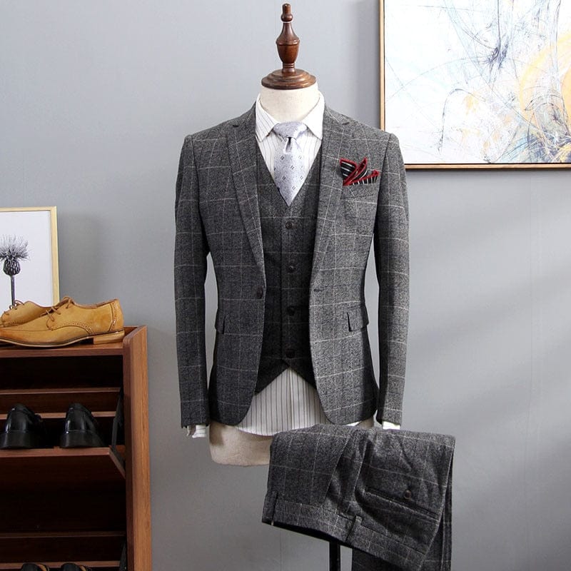 British Style Suit Men 3 Piece Suit Plaid Blazer Trend Groom Wedding Suits Tuxedo Business Formal Dress Suit Men&#39;s Smoking Uomo