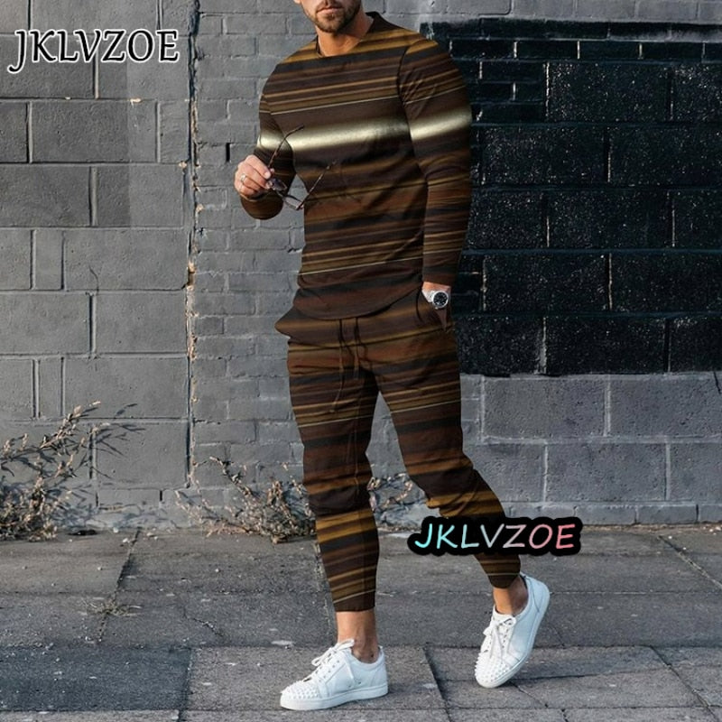 2023 Autumn Men Clothing Fashion Long Sleeved T Shirt+Trousers Casual Tracksuit 2 Piece Suit 3D Printed Stripe Male Streetwear