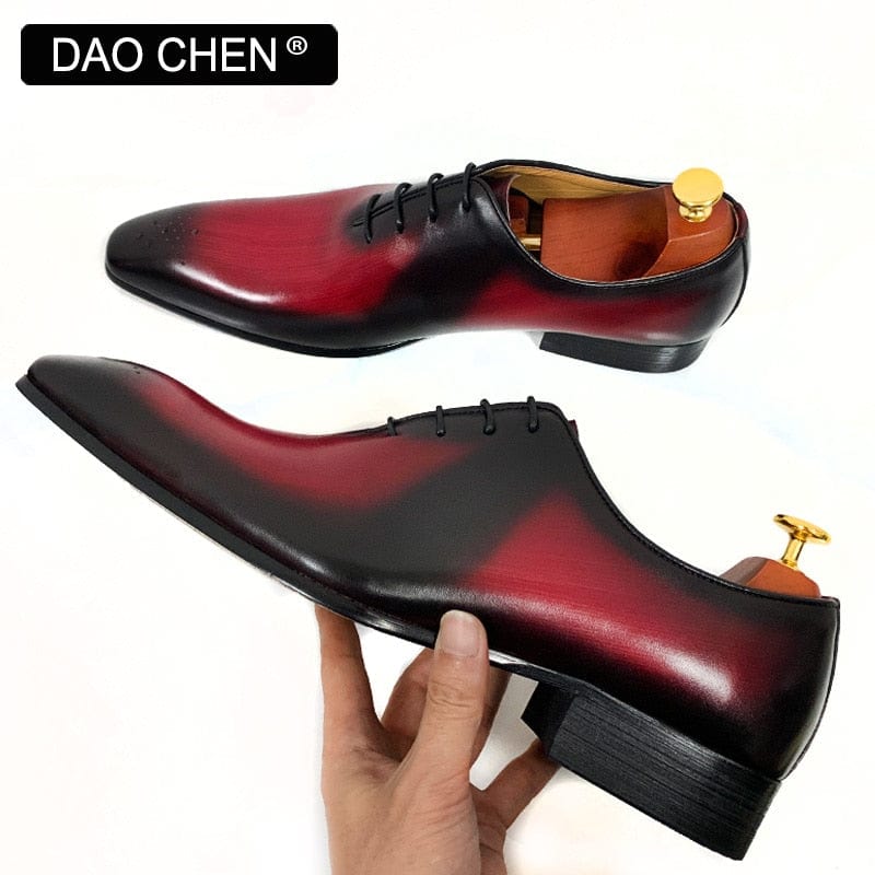 ELEGANT FORMAL MEN GENUINE LEATHER SHOES LACE UP POINTED TOE MAN DRESS SHOES RED MIX BLACK WEDDING BUSINESS OXFORD SHOES FOR MEN