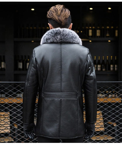 PFHQ  Winter New Shearling Leather Elegant Long Coat Men's Fox Hair Collar Imitation Fur Design Luxury Trendy Thermal Jacket
