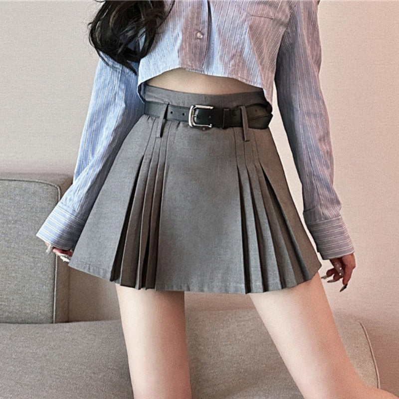 HOUZHOU Preppy Pleated Mini Skirt Women Summer 2023 Sexy Gyaru Belt High Waist Solid A-Line Micro Skirt Shorts Korean Fashion