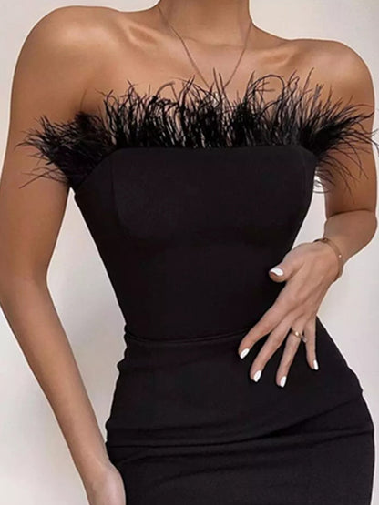 New Summer Sexy Strapless Backless Feather Black Midi Women Bodycon Bandage Dress  Designer Fashion Party Club Dress Vestido