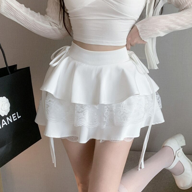 HOUZHOU Pink Ruffle Mini Skirt Women Fairycore Kawaii Lace Patchwork Double-layer Cute High Waist Bandage Sexy Short Skirts