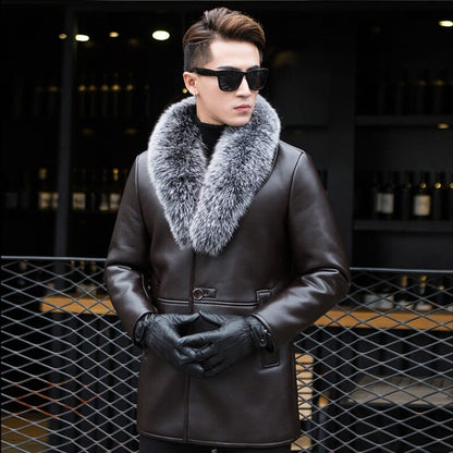 PFHQ  Winter New Shearling Leather Elegant Long Coat Men's Fox Hair Collar Imitation Fur Design Luxury Trendy Thermal Jacket
