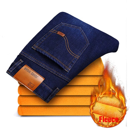 Winter New Men's Warm Jeans Business Casual Elasticity Thick Slim Denim Pants Brand Trousers Black Plus Size 38 40