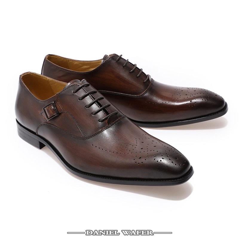 ELEGANT MEN GENUINE LEATHER OXFORD SHOES MEN BUCKLE STRAP OFFICE DRESS WEDDING SHOES BROWN BROGUE POINTED TOE MEN FORMAL SHOE