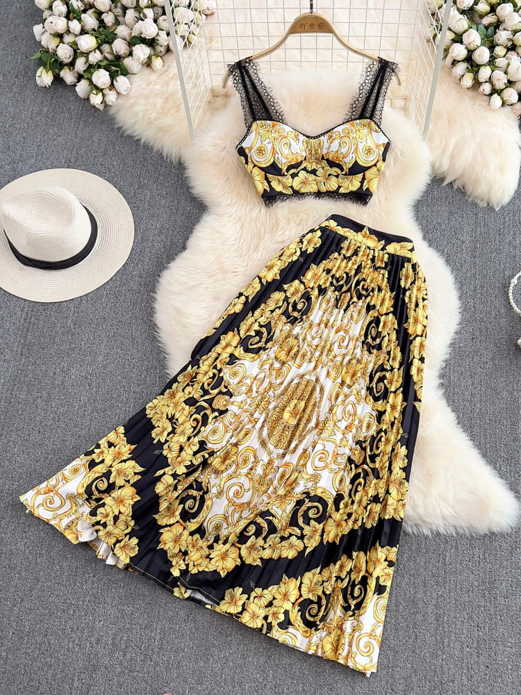 Gold 2023 Summer Fashion Designs Skirts Sets Women Outfits Indie Folk Print Sexy Two Pieces Lace Cropped Top Pleated Skirt Suit