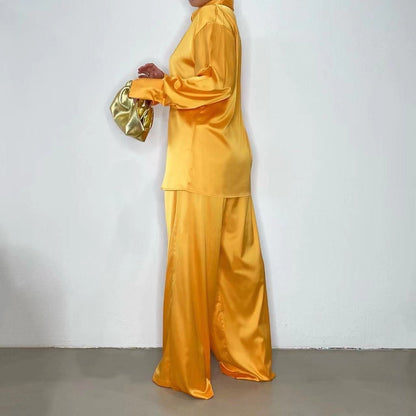 Elegant Satin Women Sets Casual Long Sleeve Shirt Straight Pants Suit  Pieces Outfits