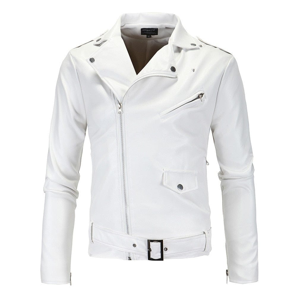 Mens Leather Jackets 2023 New White Black Casual Lapel Slim Fit Diagonal Zipper Motorcycle PU Leather Jacket Coat Mens Clothing