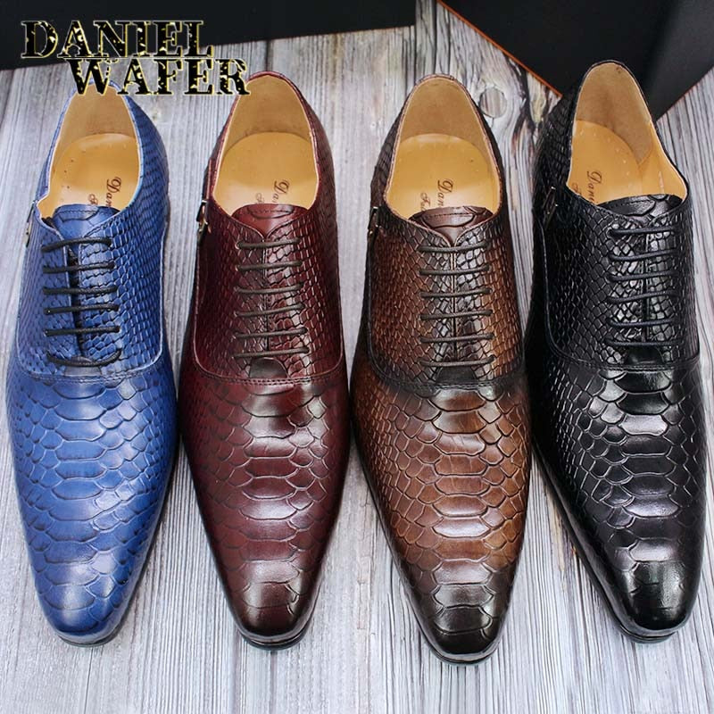 Fashion Men Dress Leather Shoes Snake Skin Prints Classic Style Wine Blue Coffee Black Lace Up Pointed Men Oxford Formal Shoes