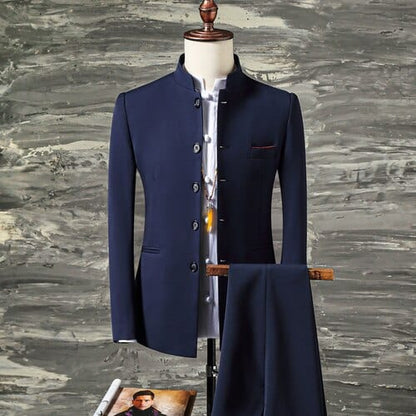 2 Pcs Set Stand Collar Blazers Jacket Pants /  Fashion New Men's Casual Boutique Business Solid Color Suit Coat Trousers