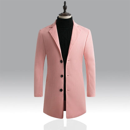 New Men's Casual Long Windbreaker Jacket / Male Solid Color Single Breasted Trench Coat Jacket